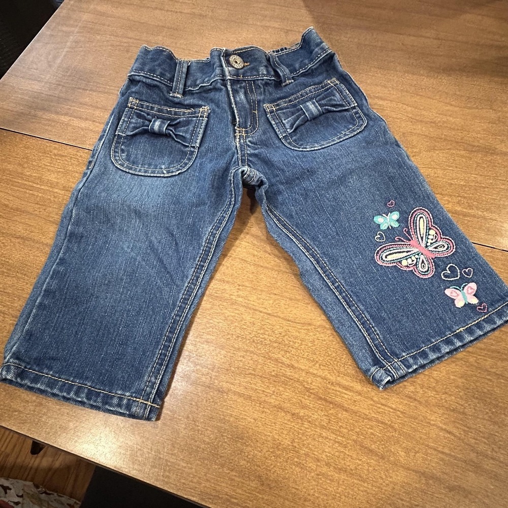 OshKosh B'gosh Jeans Toddler Girls 2T Blue Butterfly Heart Embroidered Bows